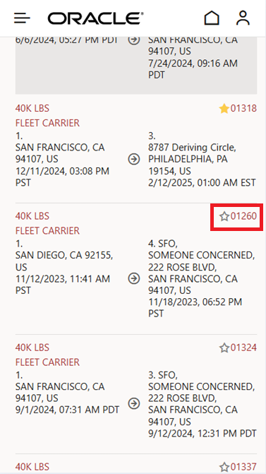 Highlighted shipment not marked as a favourite