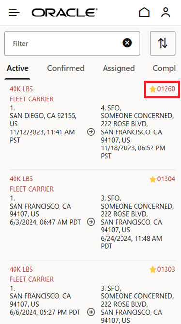 Highlighted shipment marked as a favourite
