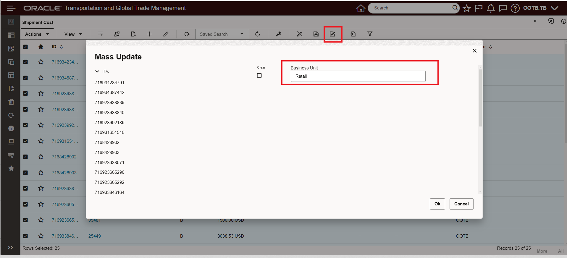 Mass Update Example  - Configured Remark Qualifier Business Unit Updated to Value = Retail