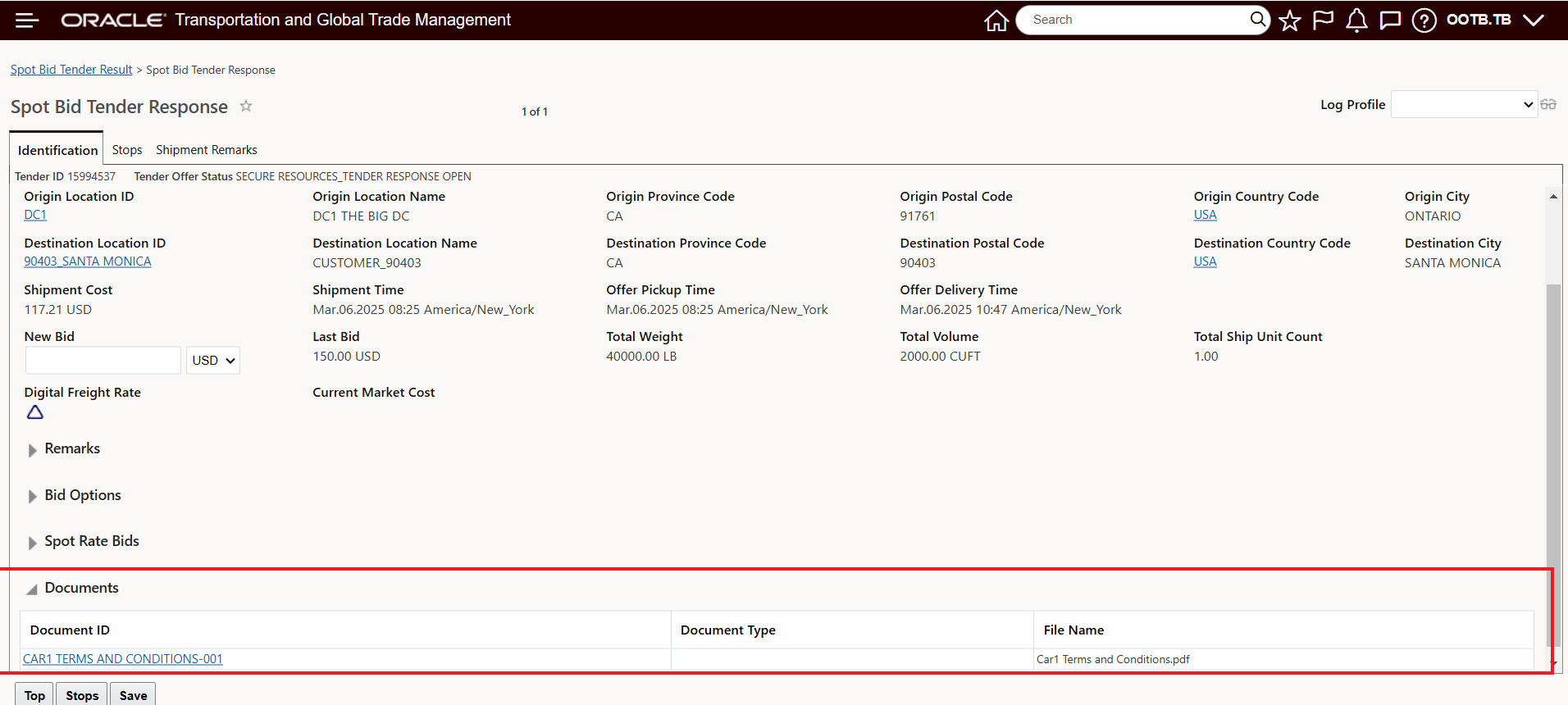 Planner View to Service Provider Uploaded Spot Bid Tender Documents