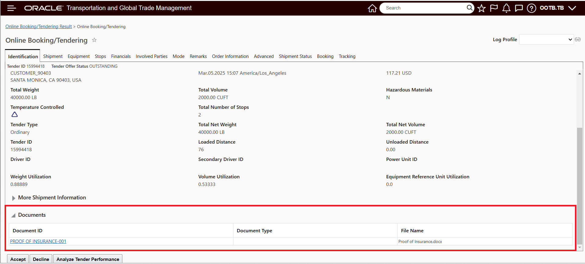 Online Booking/Tendering  - Upload Document Visible for Planner