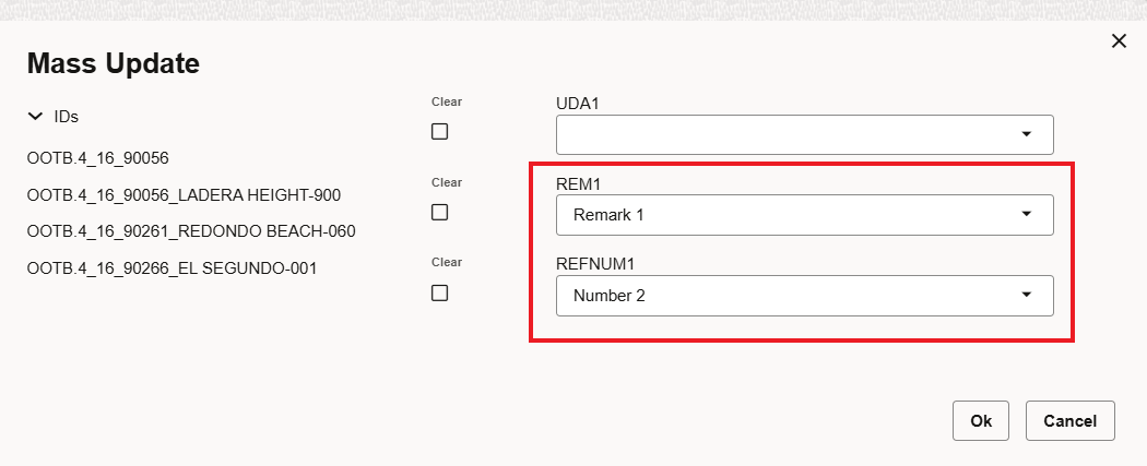 Mass Update with Fixed List of Values - Remark (REM1) and Reference Number (REFNUM1)