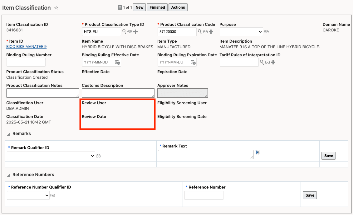 Item Classification Review User and Review Date