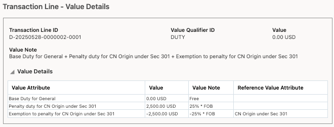 Declaration Line with Duty Value Details