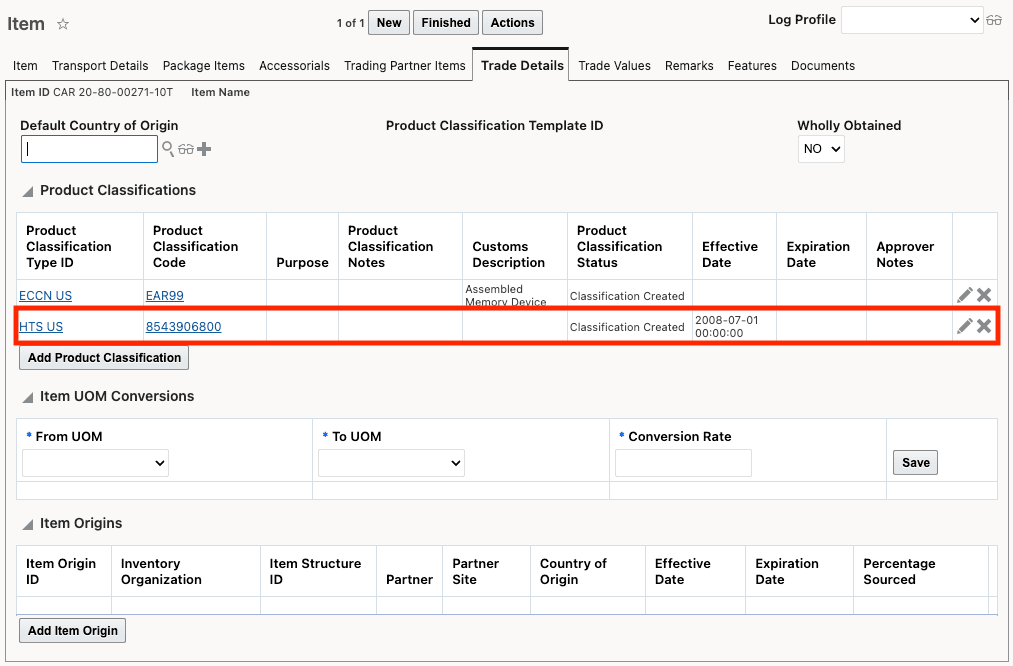 Product Classifications grid on Item Including Proposed Classification Code