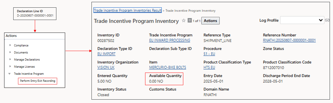 Perform Entry/Exit Declaration Action and Inventory Record