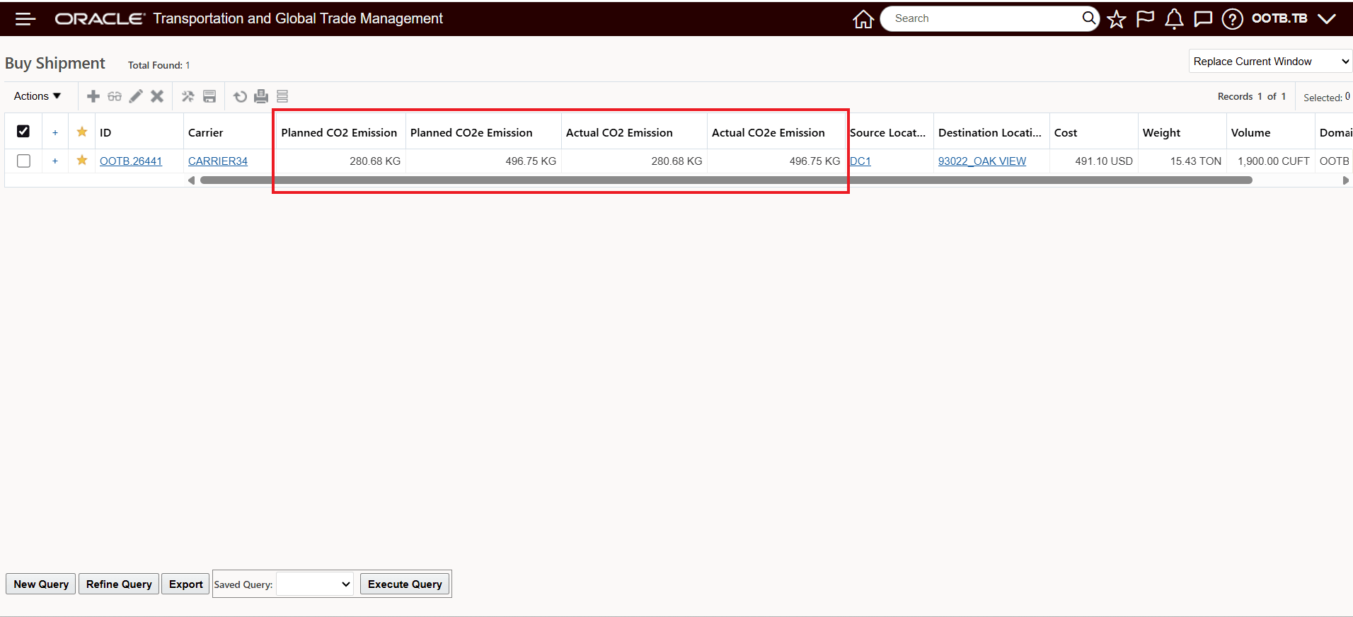 Emission Fields Configured "As Entered" for Finder Results - Buy Shipment