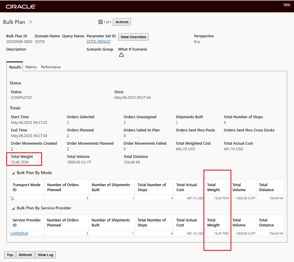 Bulk Plan Results Tab - User Preference Weight UOM 