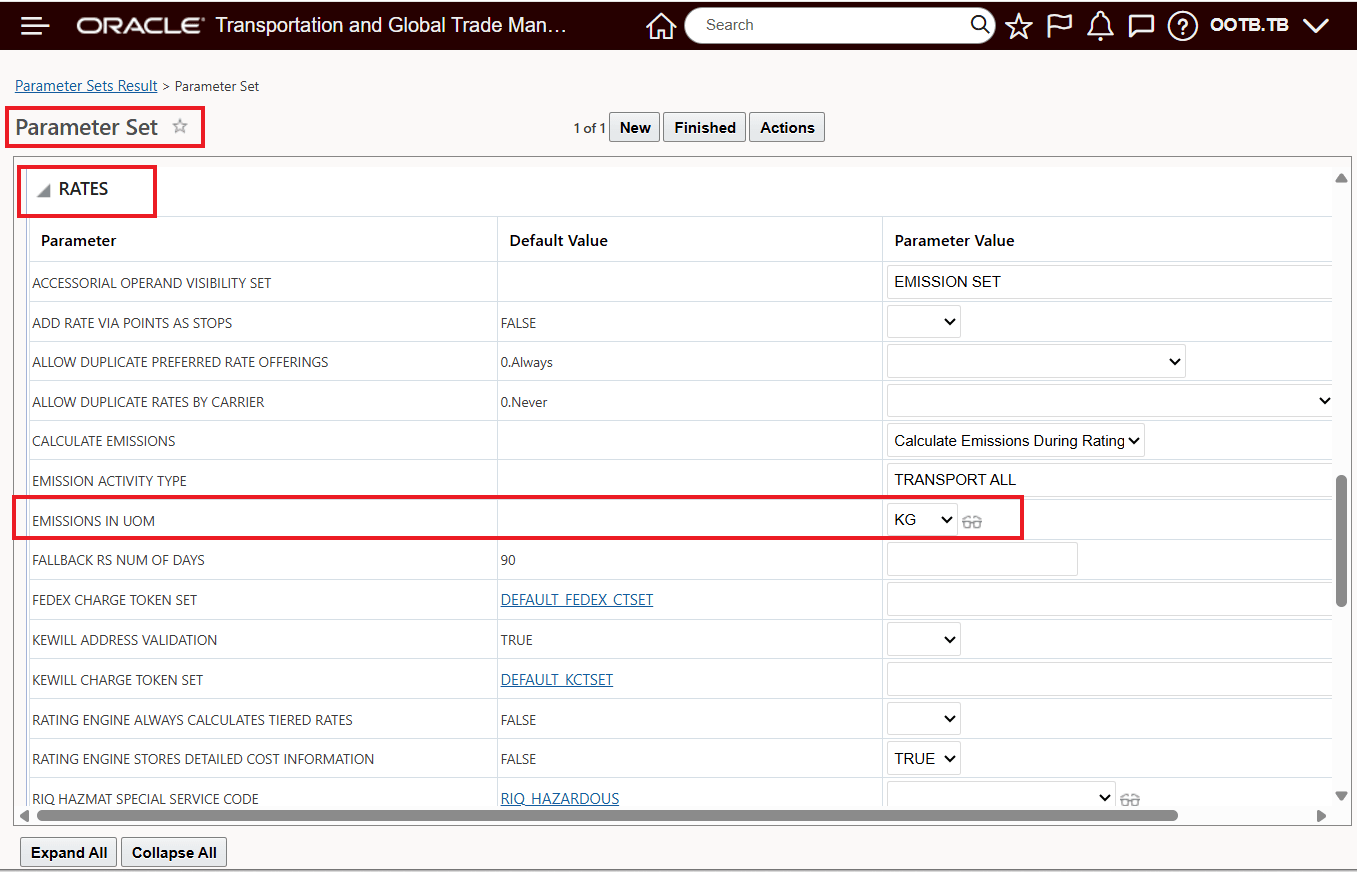 Rates Parameter Emissions in UOM Set in Assigned Domain Default Parameter Set