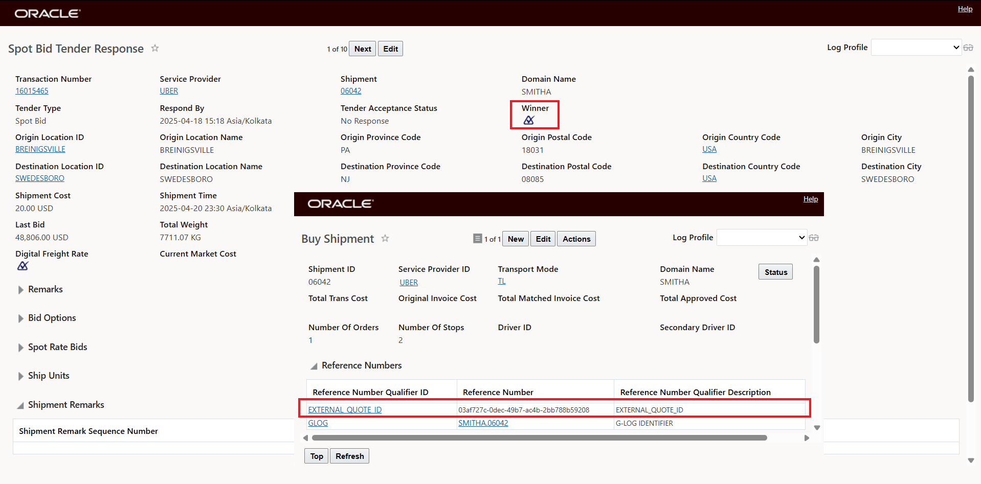 External_Quote_ID Qualifier and Value Copied to Shipment