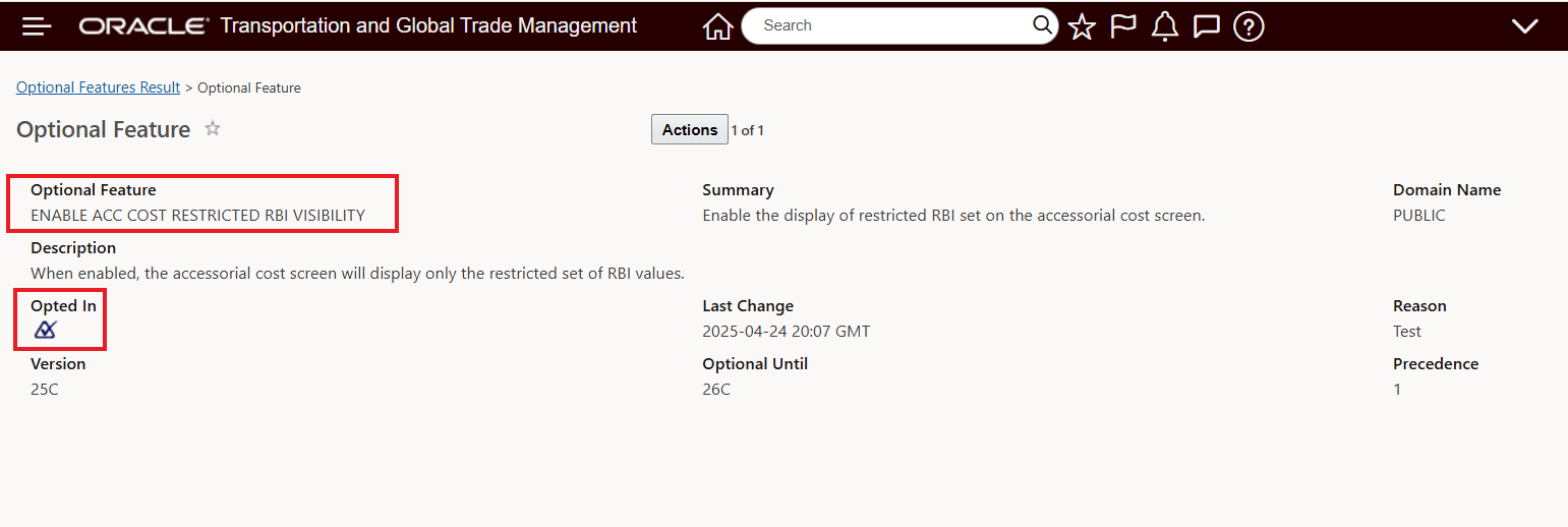 Enable ACC COST RESTRICTED RBI VISIBILITY Optional Feature