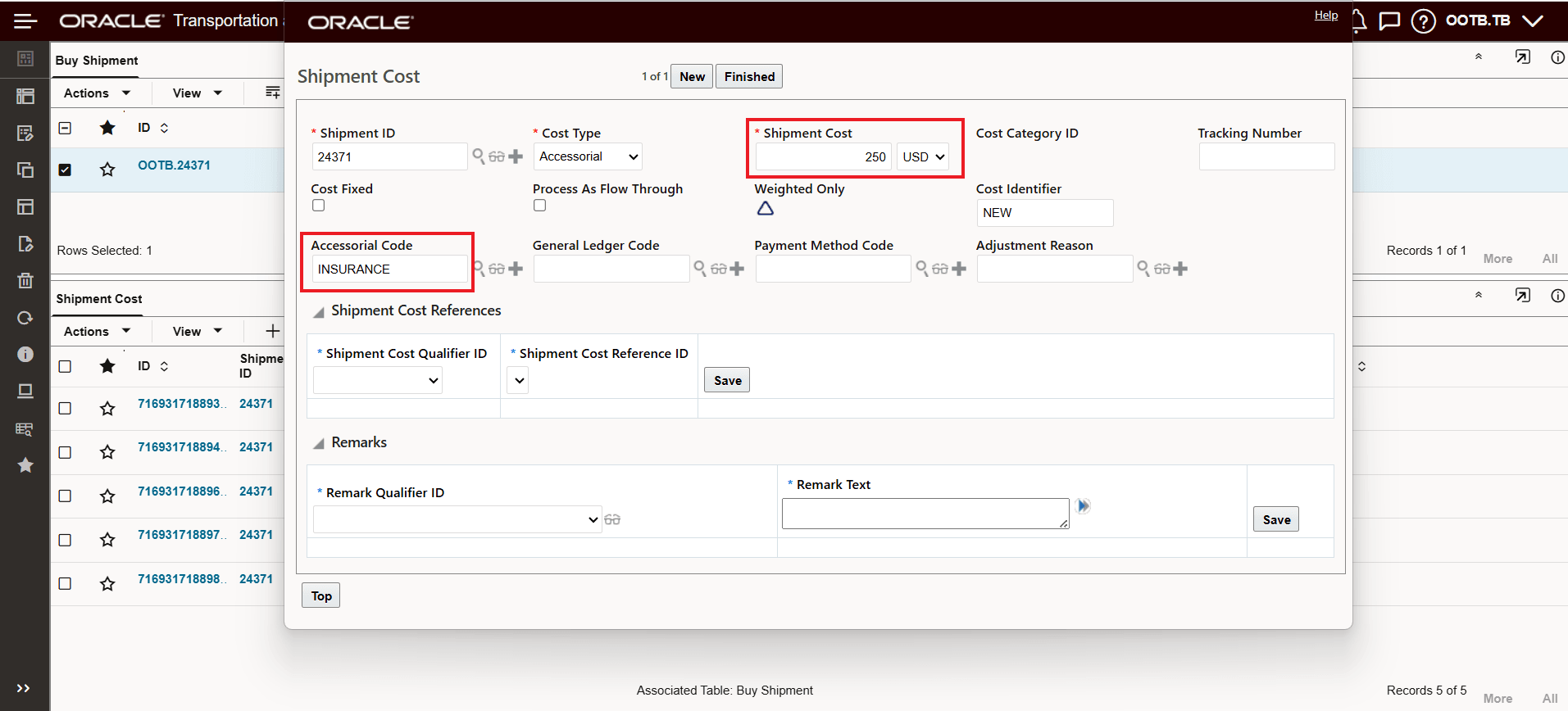 Shipment Cost Detail Insurance Accessorial Entry