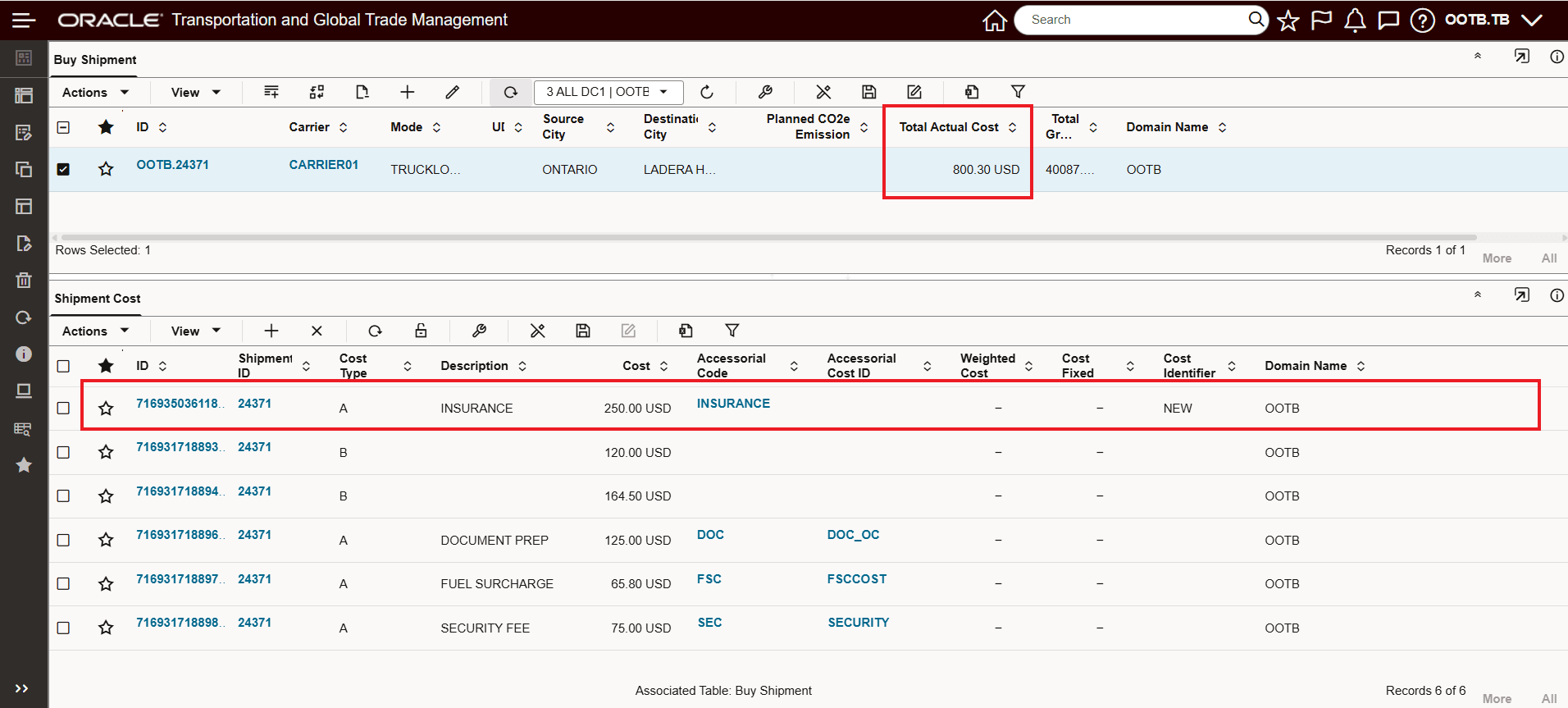 Shipment Cost Detail Insurance Accessorial Added