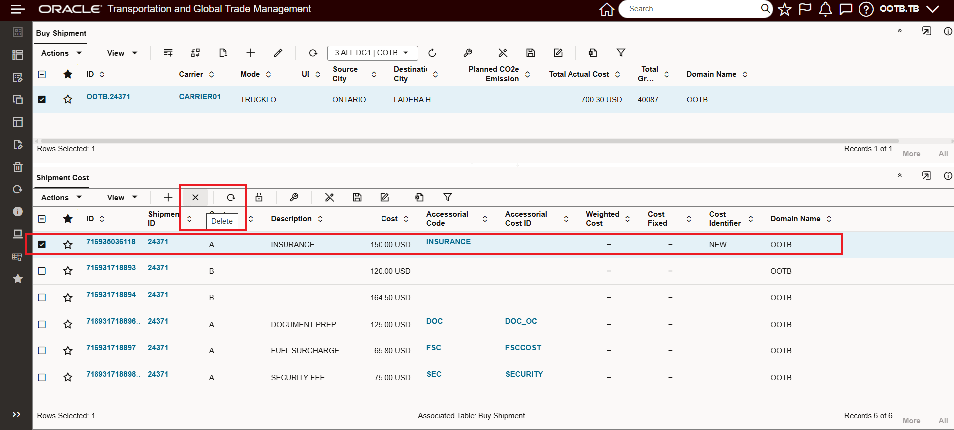 Shipment Cost Detail Insurance Accessorial Selected for Delete