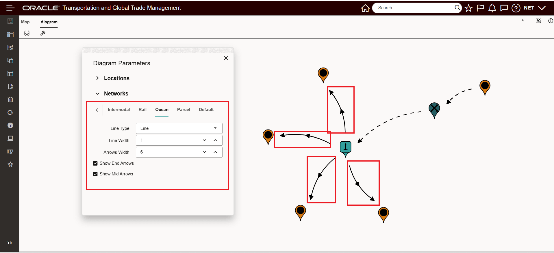 Networks Options Lines and Arrows by Mode - Ocean