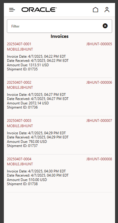 Invoice List screen