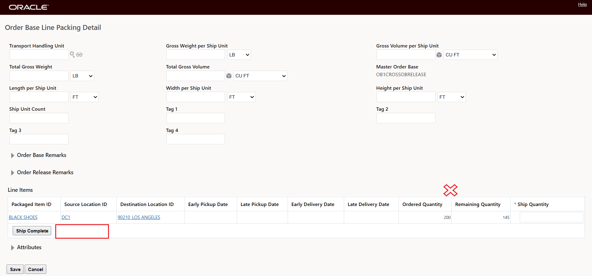 Configured Order Base Line Packing Detail Screen