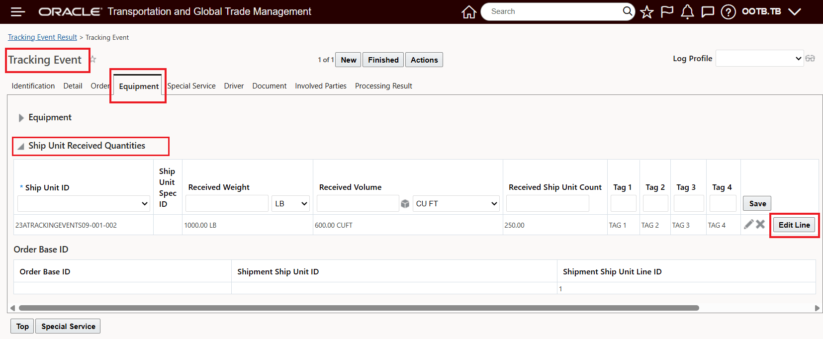 Ship Unit Received Quantities Select Ship Unit and Select Edit For Line