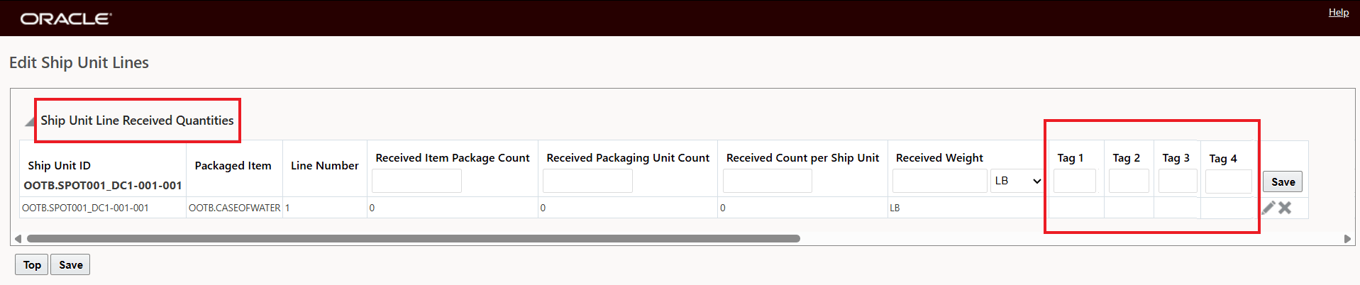 Ship Unit Line Received Quantities Tag Fields