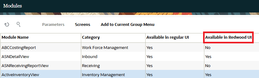 Available Modules in Redwood UI