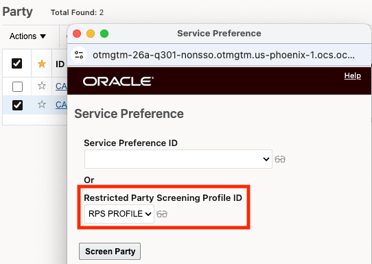 Party - Restricted Party Screening Action