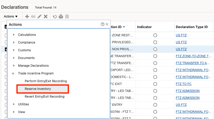 Declaration Actions - Reserve Inventory