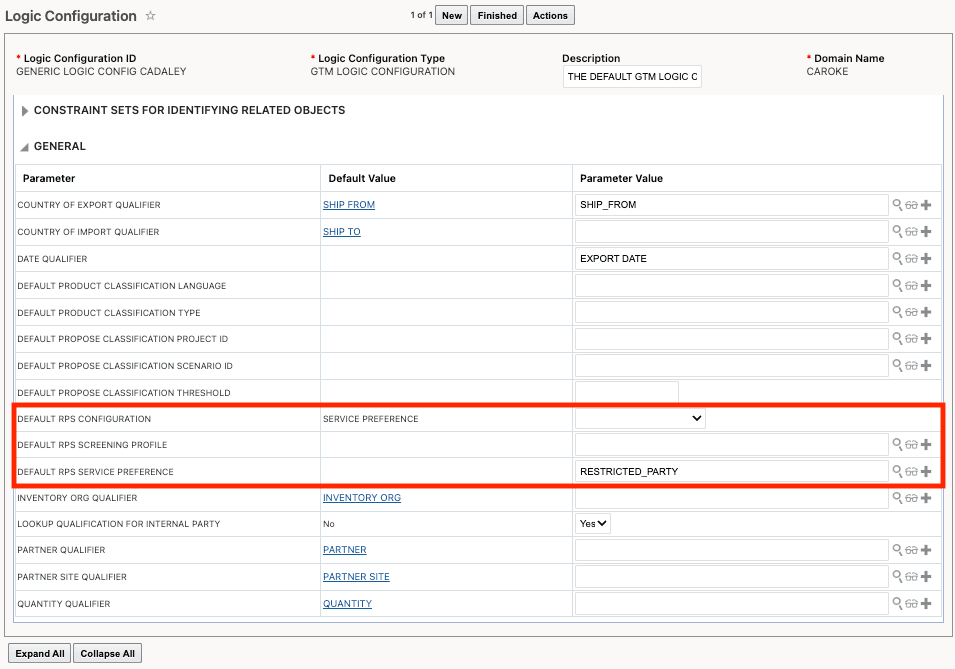 Logic Configuration with Default RPS Parameters