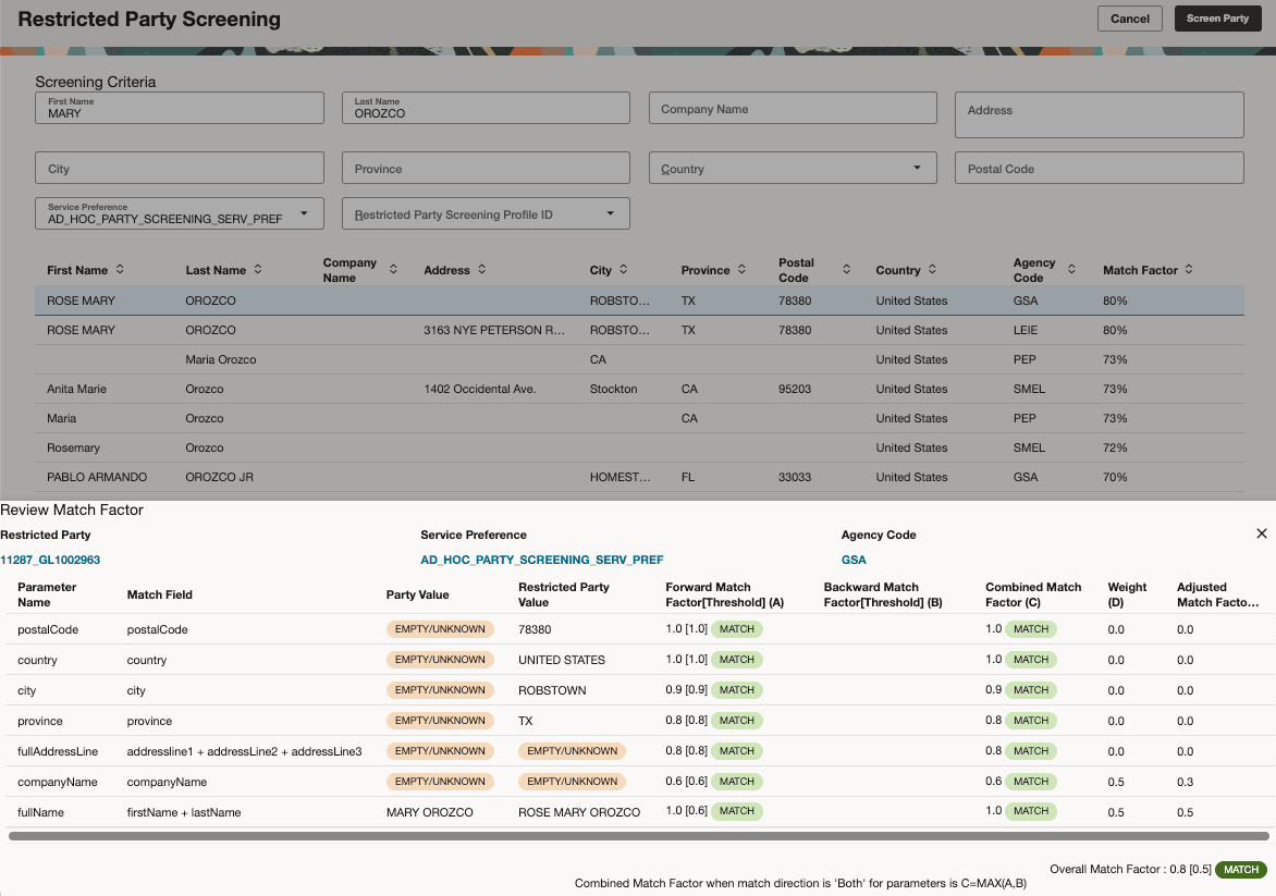 Restricted Party Screening - Review Match Factor