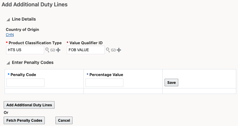 Add Additional Duty Lines Action - Input