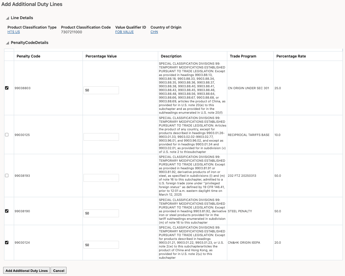 Add Additional Duty Lines - Selection