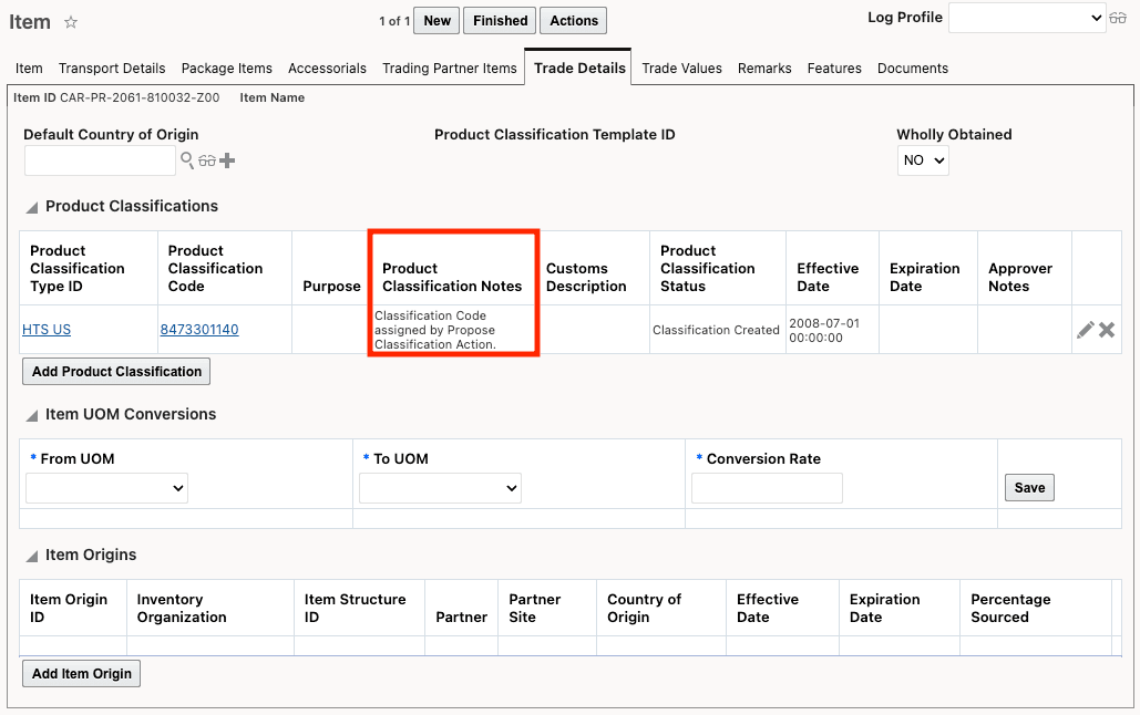 Item with Proposed Classification Code