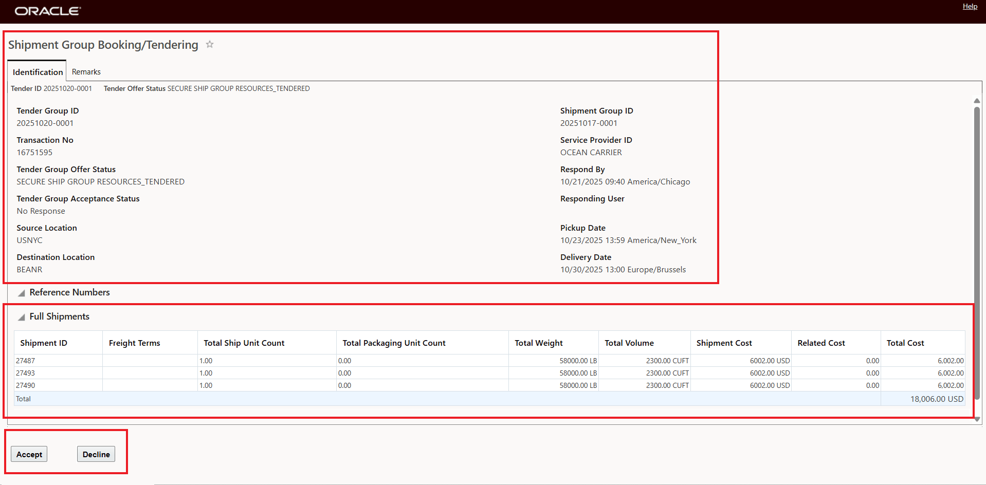 Shipment Group Tender Service Provider View
