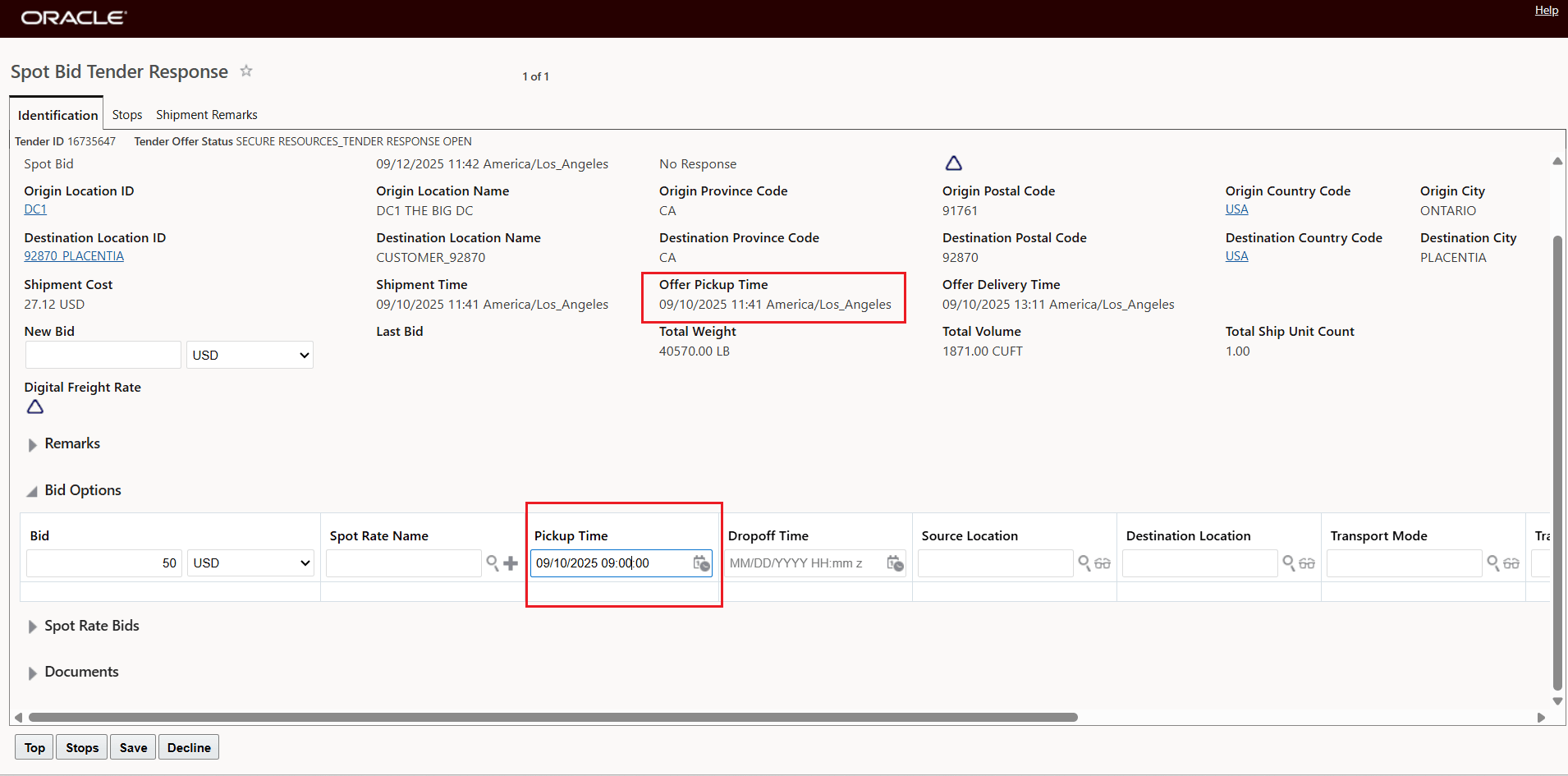 Property true and Pickup Time Bid Option is Earlier Than Offer Pickup Time