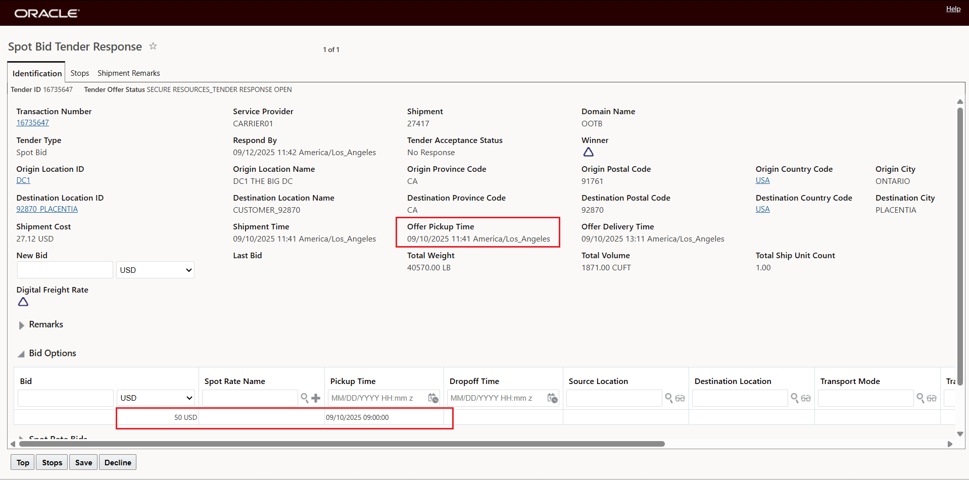Property false and Pickup Time Bid Option is Earlier Than Offer Pickup Time - Accepted
