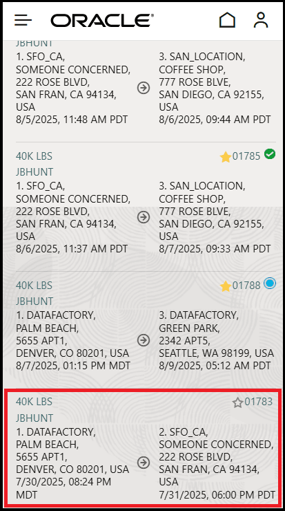 Searched Shipment added to Shipment List