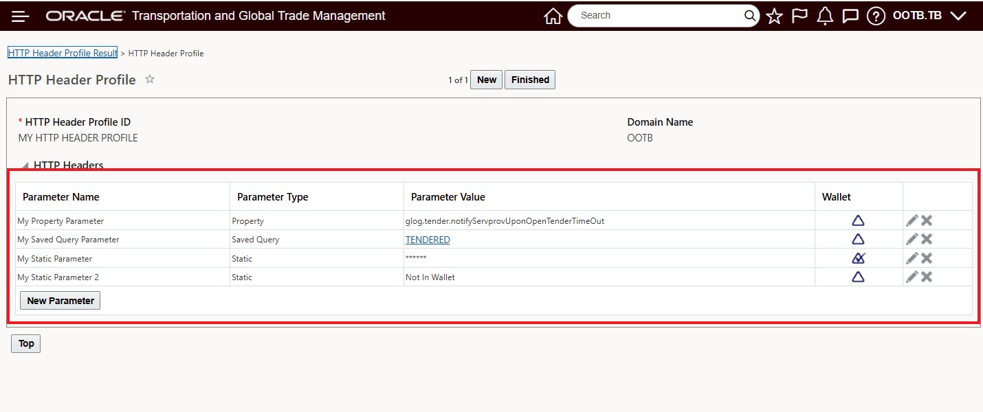 HTTP Header Profile With Static, Saved Query, and Property Parameter Types Configured