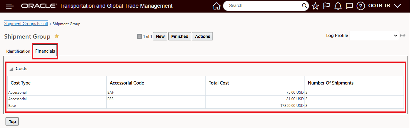Financials Tab on Shipment Group - Edit