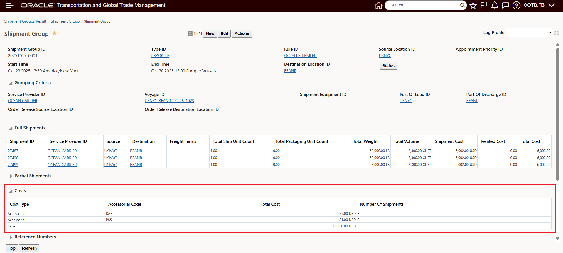 Financials Tab on Shipment Group - View