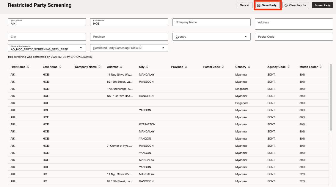 Adhoc Restricted Party Screening - Save Party