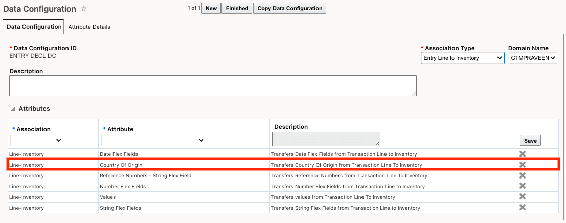 Data Configuration with Assocation Type of Entry Line to Inventory