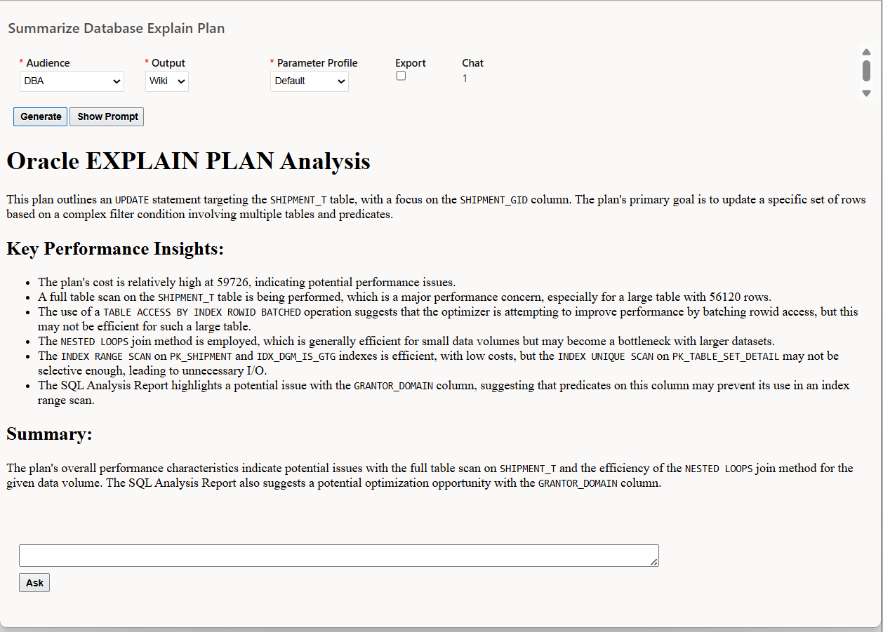 Summarize Database Explain Plan Example