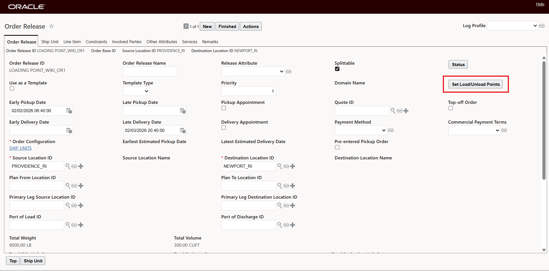 Order Release - Set Load/Unload Points