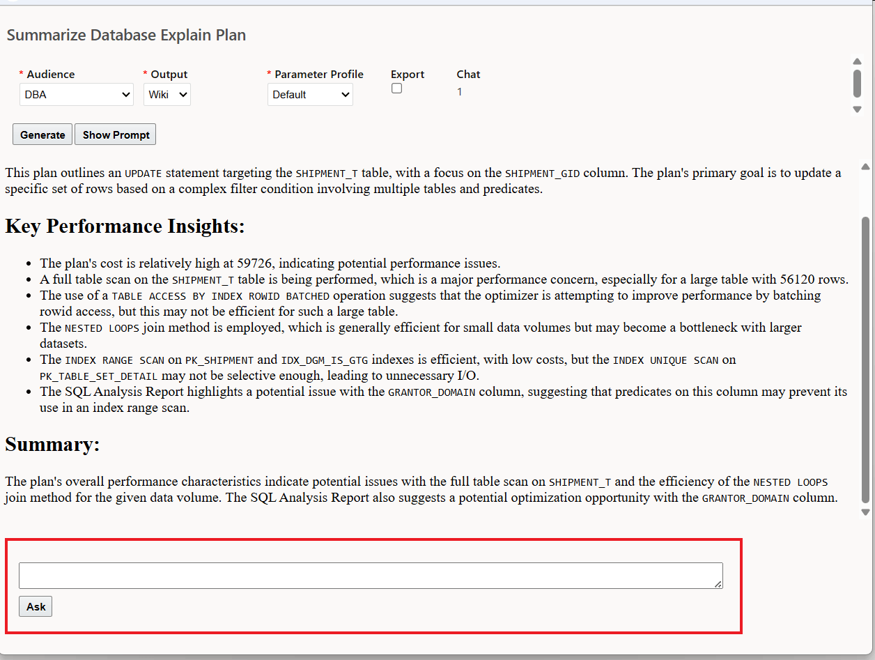 Example of the interactive chat feature - Ask
