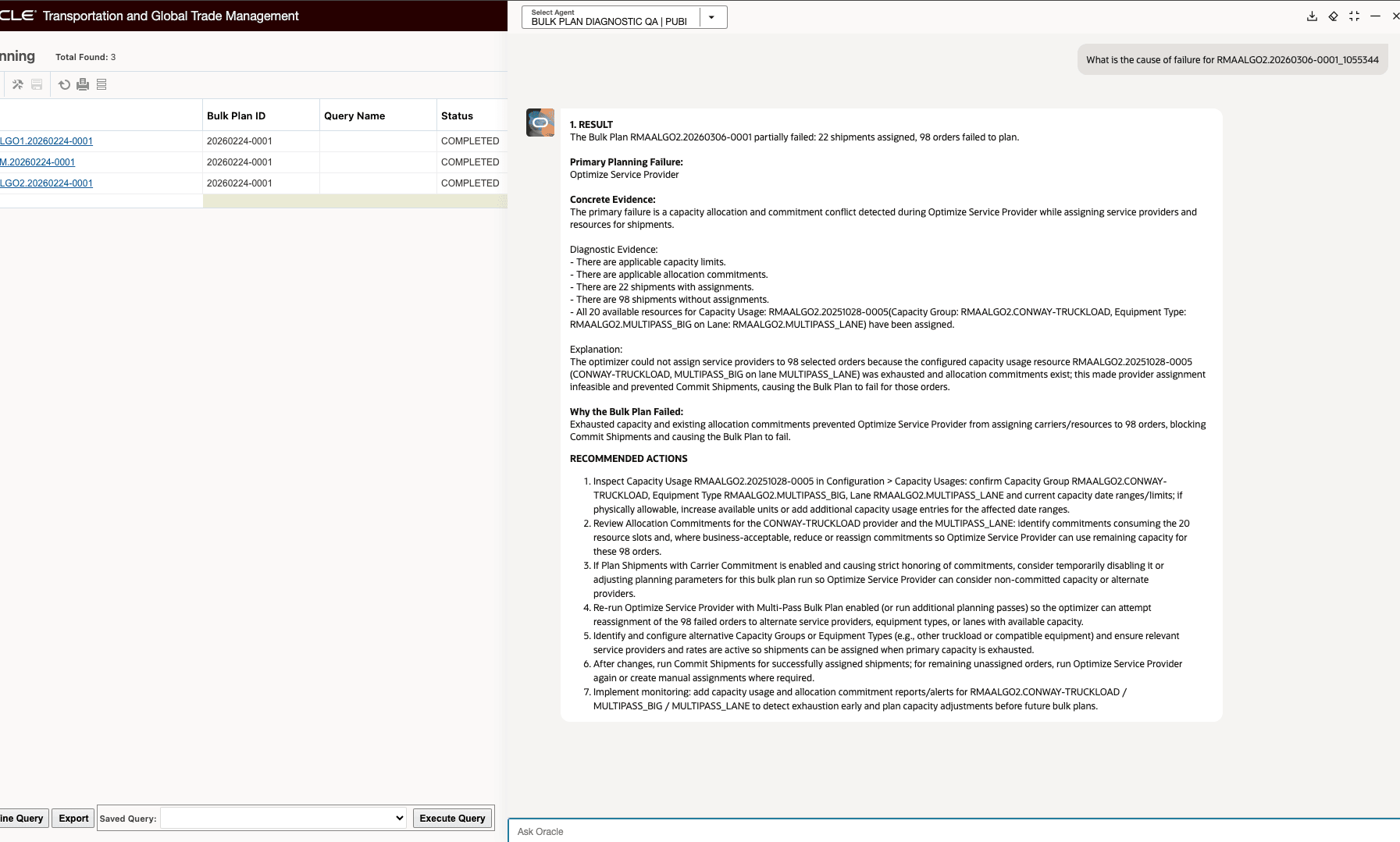 OTM Bulk Plan Diagnostic Agent result
