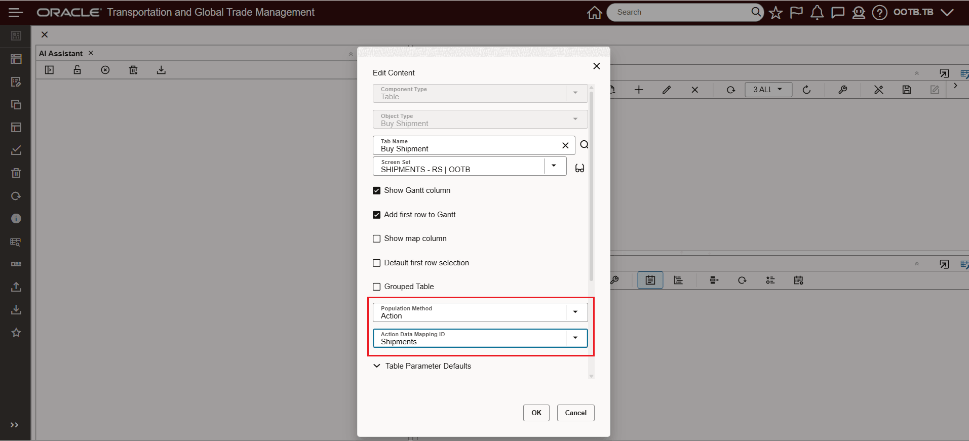 Add and Configure the Buy Shipment Table