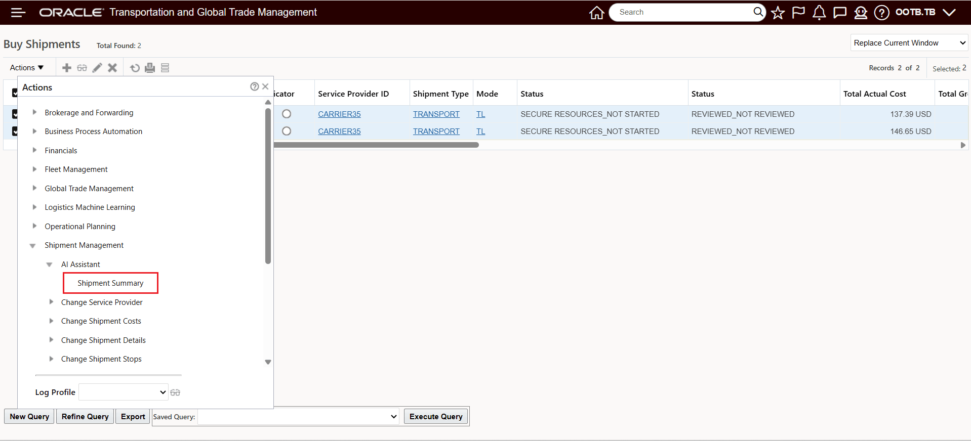 Run the Shipment Summary Action