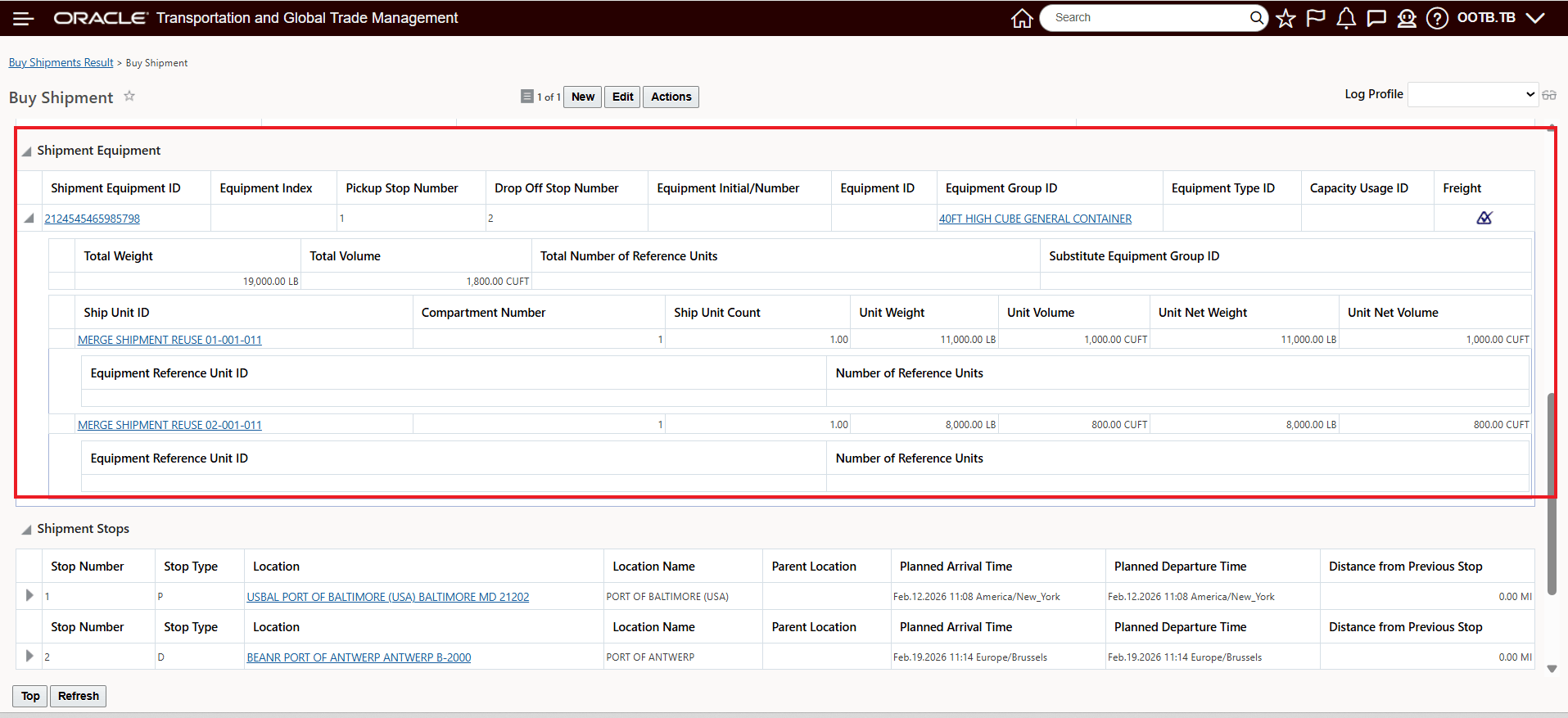 Merge Shipments - Reuse Ocean Leg Shipment Equipment View