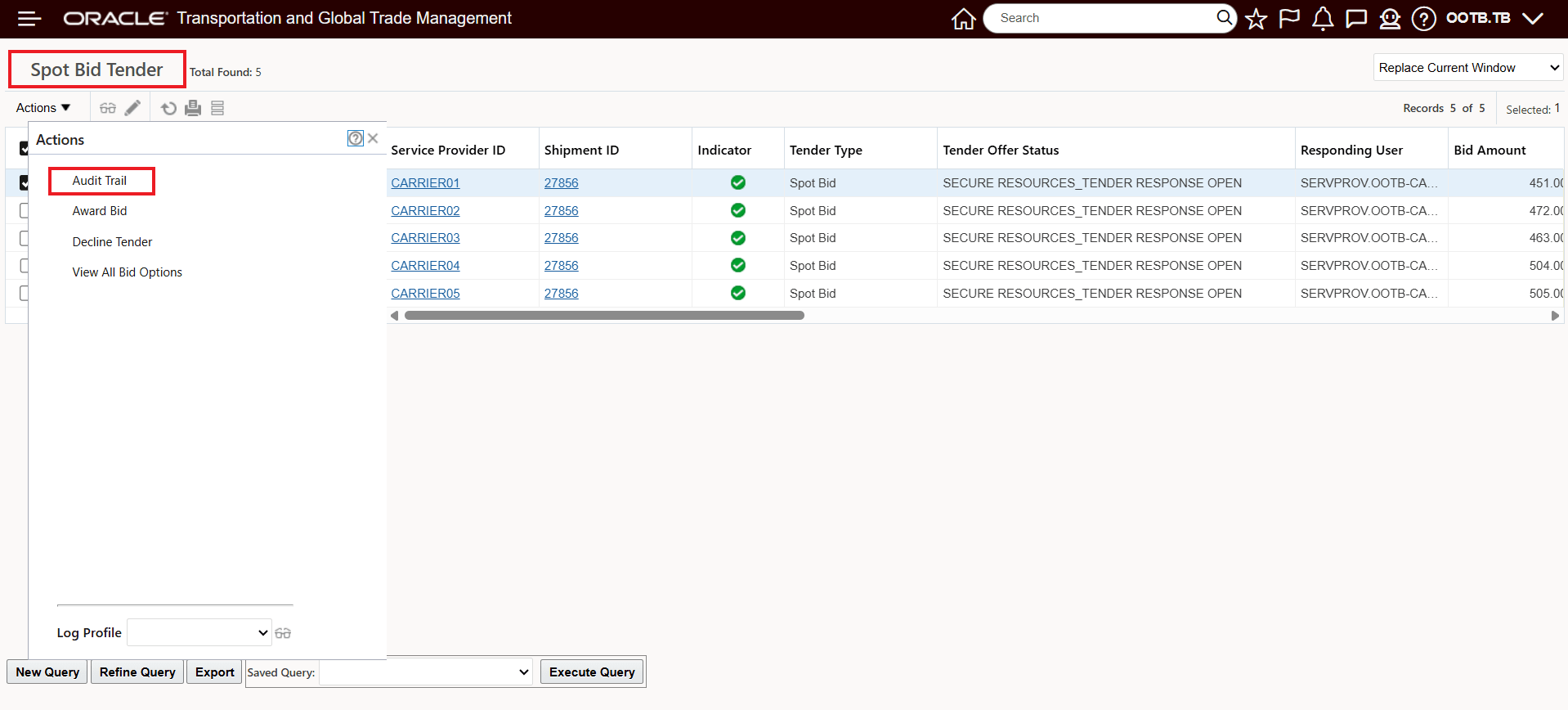 Spot Bid Tender Screen - Audit Trail Action