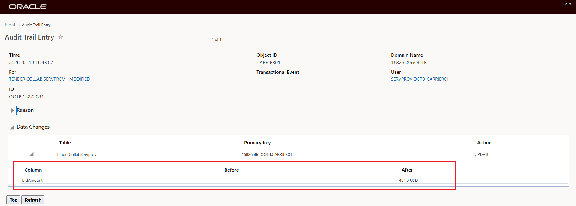 Audit Trail Record for Initial  Bid