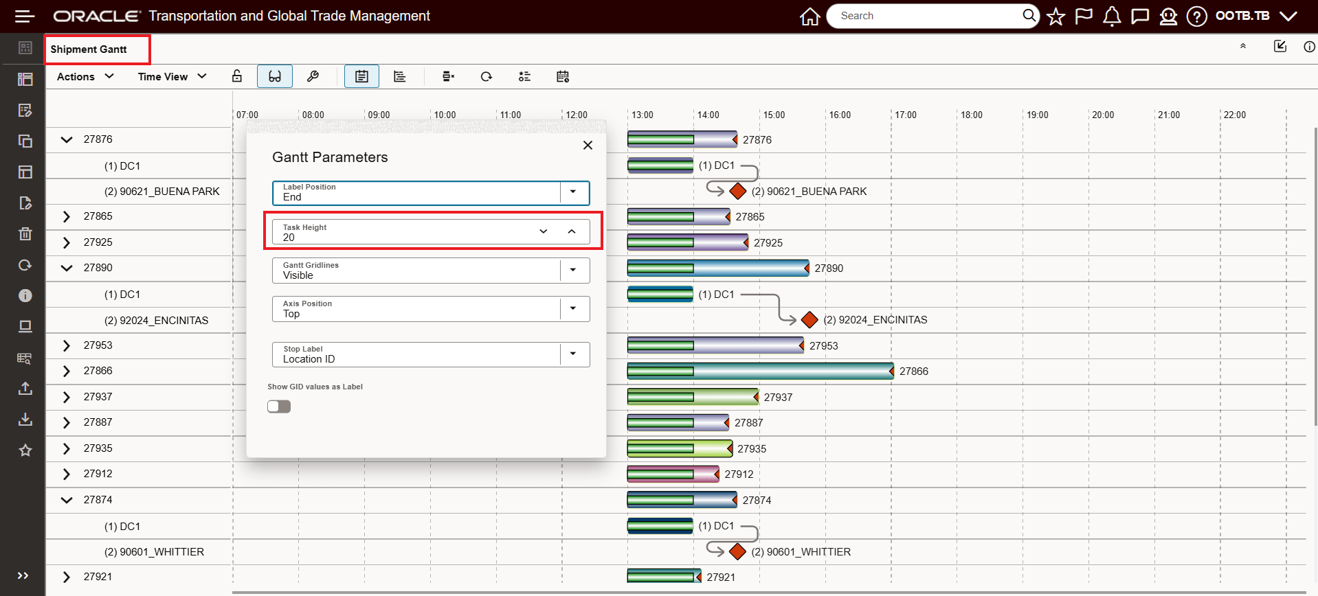 Shipment Gantt - Task Height Set at 20/Default